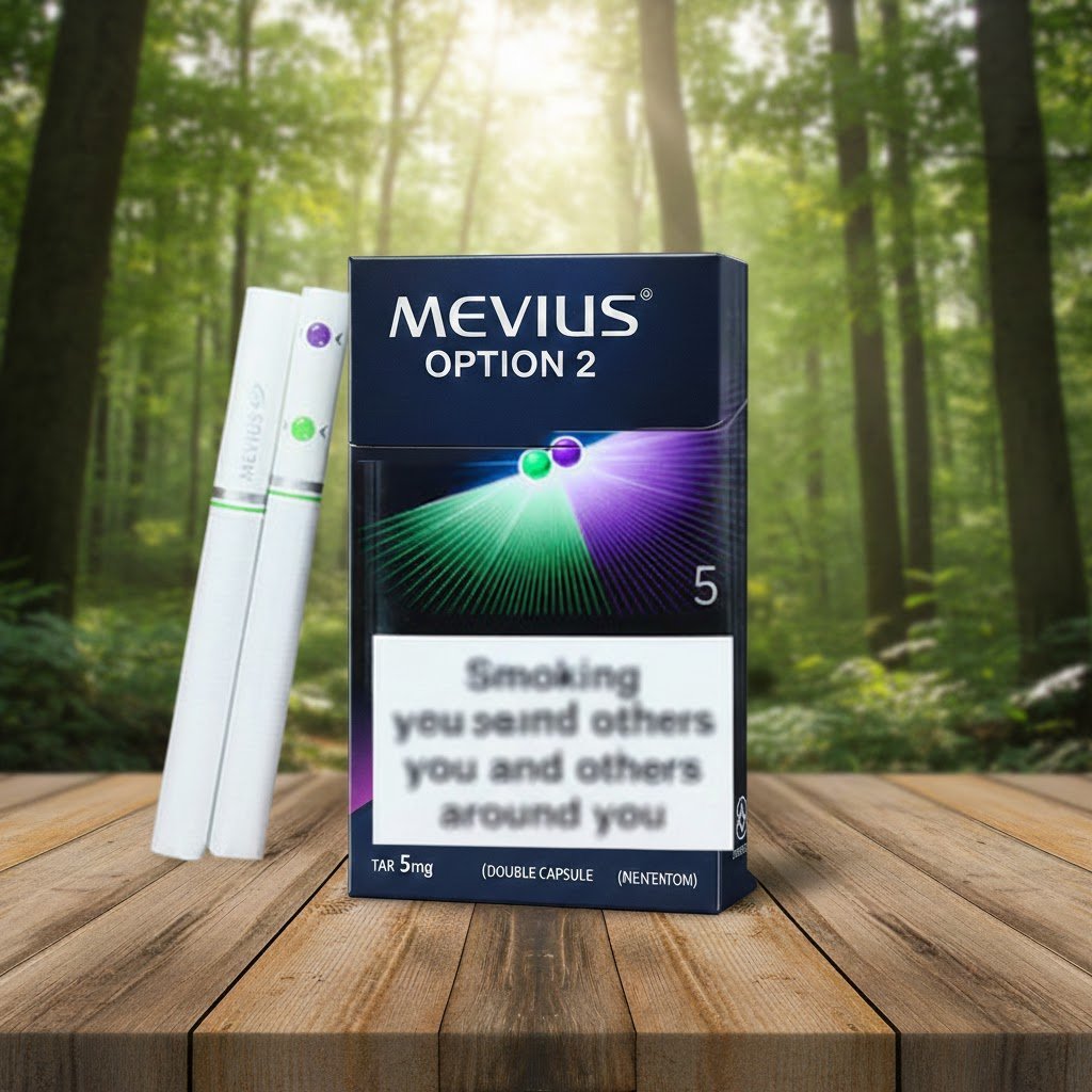 ซองบุหรี่ ESSE Classic Lights สีขาวดีไซน์เรียบหรู วางบนโต๊ะไม้ฉากหลังเป็นป่าธรรมชาติสีเขียวขจี