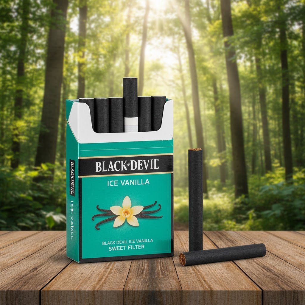 ซองบุหรี่ Black Devil Ice Vanilla สีเขียวมิ้นต์และสีดำ วางบนโต๊ะไม้ฉากหลังป่าไม้ พร้อมมวนบุหรี่สีดำสนิท