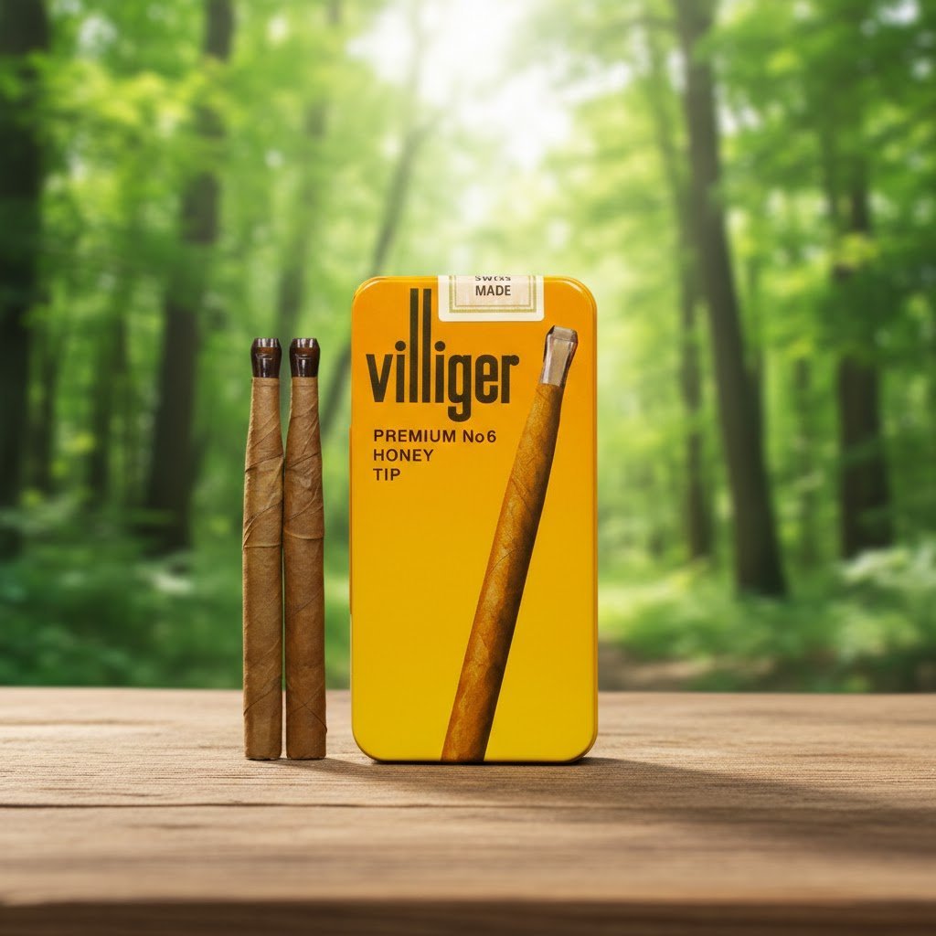กล่องอลูมิเนียมซิการ์ Villiger Honey Tip สีเหลืองส้มวางบนพื้นไม้ มีมวนซิการ์ใบยาสูบธรรมชาติวางคู่กันในบรรยากาศป่าไม้