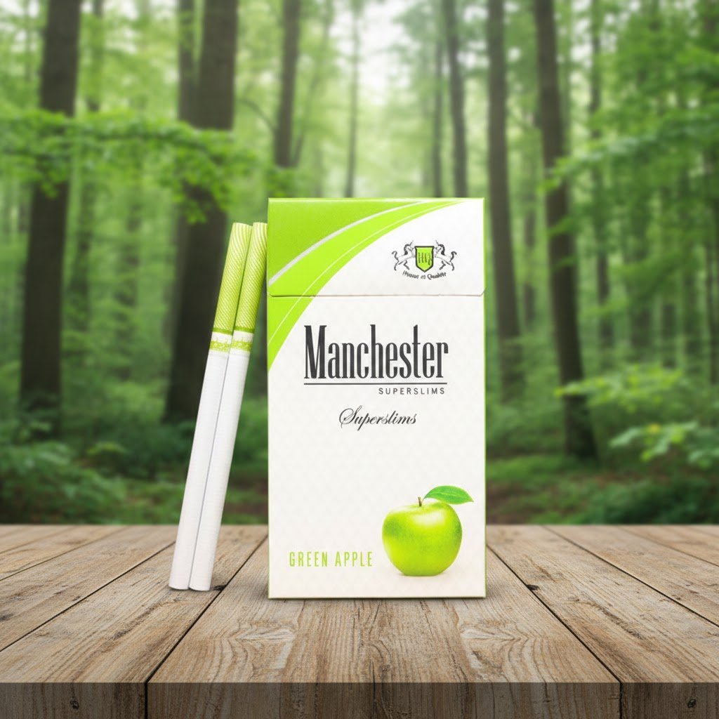 ซองบุหรี่ Manchester Green Apple SuperSlim สีขาวแถบเขียวลายรูปแอปเปิ้ลเขียว วางบนโต๊ะไม้ฉากหลังป่าไม้ธรรมชาติ