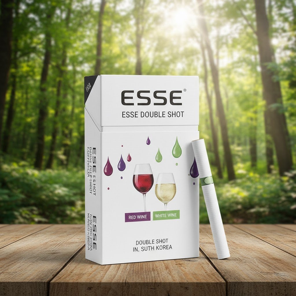 ซองบุหรี่ ESSE Double Shot สีขาวลายรูปแก้วไวน์แดงและไวน์ขาว วางบนโต๊ะไม้ฉากหลังป่าไม้ธรรมชาติ