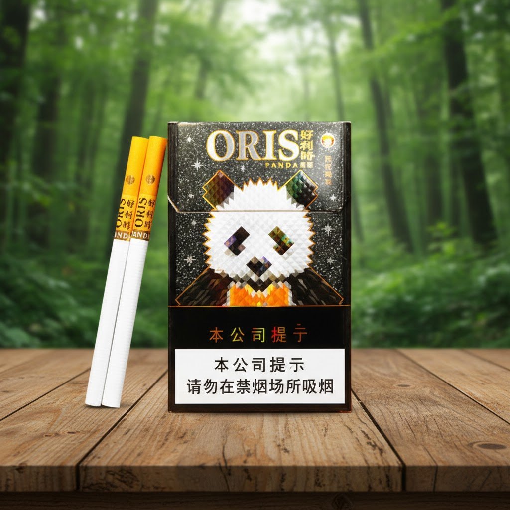 บุหรี่ Oris Panda (CN) แพนด้าจีน แบบนาโนสลิม ซองสีดำลายแพนด้า พร้อมเม็ดบีบกลิ่นส้ม วางบนโต๊ะไม้ฉากหลังป่า