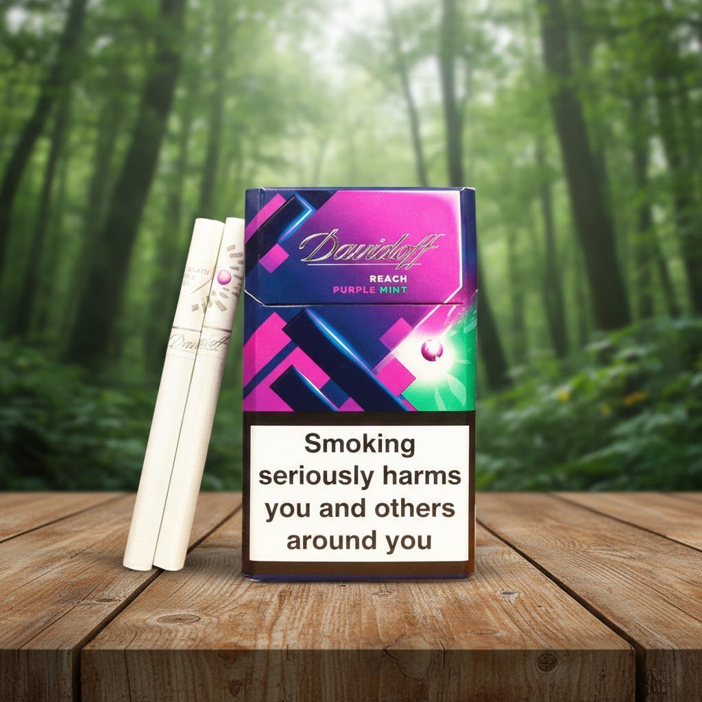 บุหรี่ Davidoff Reach Purple Mint ซองสีม่วงดีไซน์ทันสมัย วางคู่กับมวนบุหรี่บนโต๊ะไม้ ฉากหลังเป็นป่าสีเขียว