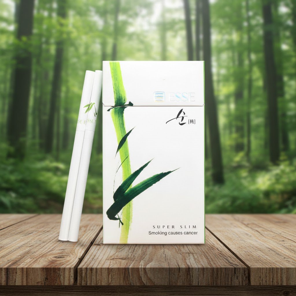 บุหรี่ ESSE Bamboo 1mg ซองสีขาวลายต้นไผ่สีเขียว มวนซุปเปอร์สลิม วางบนโต๊ะไม้ฉากหลังป่าไม้สีเขียว