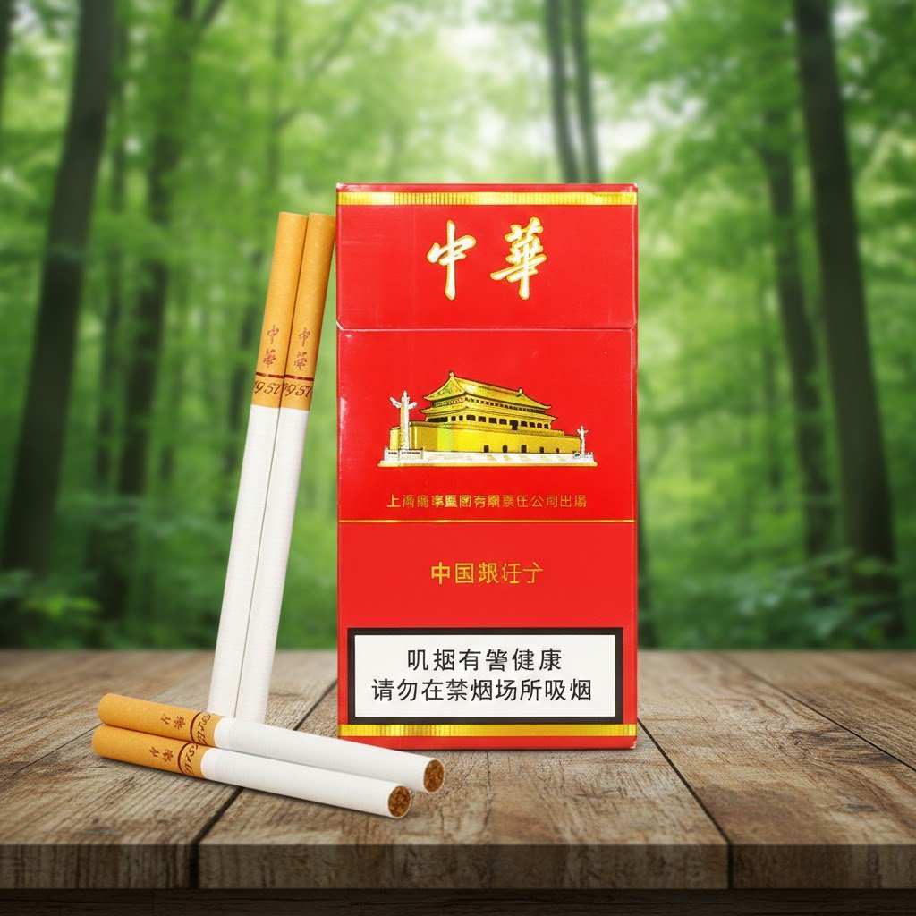 บุหรี่ Chunghwa Superslim ซองแข็งสีแดง ลายพระราชวังต้องห้ามสีทอง วางบนโต๊ะไม้ฉากหลังป่า