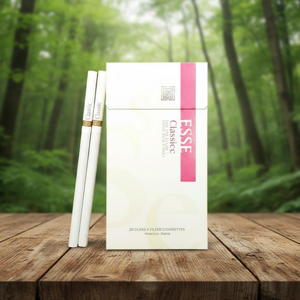 บุหรี่ ESSE Classic ซองสีขาวแถบแดงชมพู มวนซุปเปอร์สลิม วางบนโต๊ะไม้ฉากหลังป่าธรรมชาติ