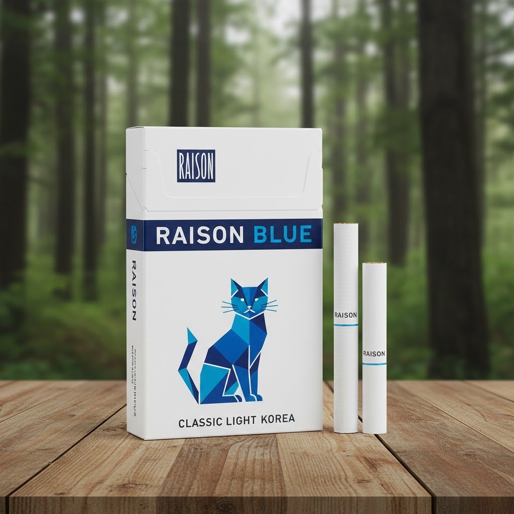 บุหรี่ Raison Blue ซองสีขาวลายแมวสีน้ำเงินสไตล์กราฟิก วางคู่กับมวนบุหรี่บนโต๊ะไม้ฉากหลังป่า
