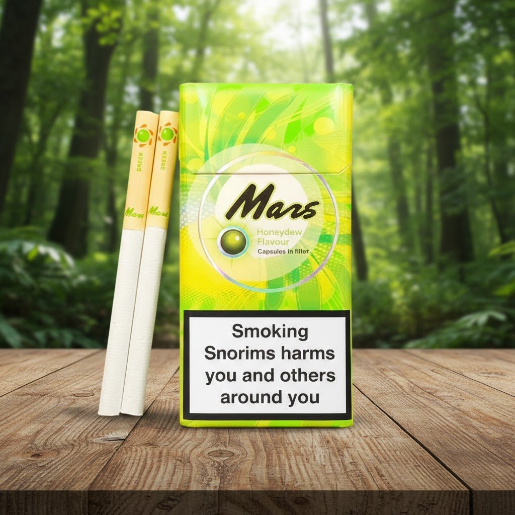 บุหรี่ Mars Honeydew ซองสีเขียวสว่างลายกราฟิก วางคู่กับมวนบุหรี่บนโต๊ะไม้ฉากหลังป่า