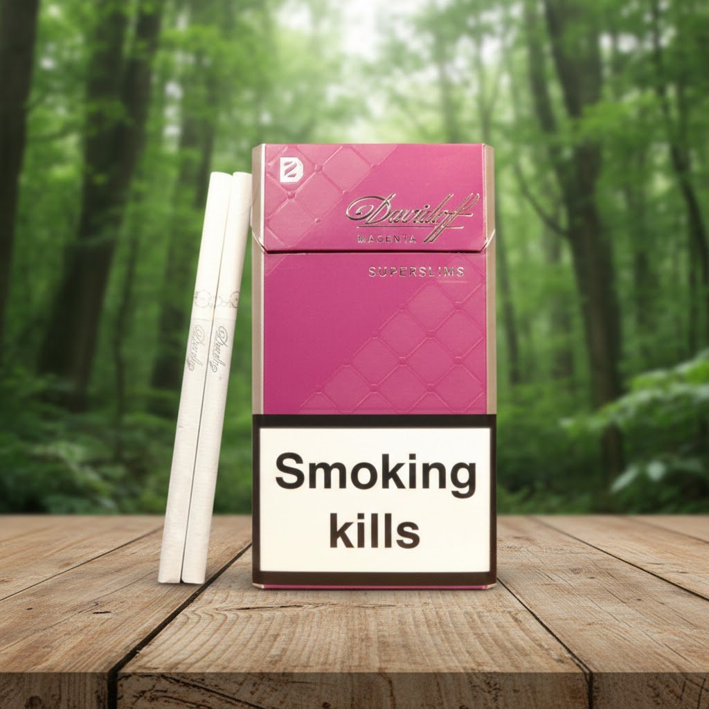 ซองบุหรี่ Davidoff Magenta Super Slims วางบนโต๊ะไม้ในบรรยากาศป่าธรรมชาติ แสดงดีไซน์ซองสีชมพูหรูหราพร้อมมวนขนาดซุปเปอร์สลิม