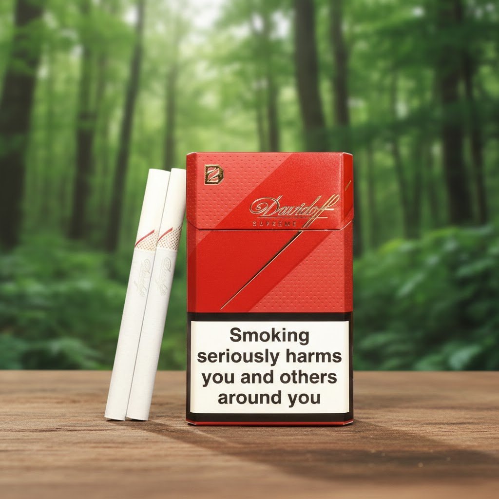 ซองบุหรี่ Davidoff Supreme สีแดงดีไซน์หรูหรา วางบนโต๊ะไม้ท่ามกลางบรรยากาศป่าสีเขียว แสดงตัวมวนขนาด Magnum ที่มีเอกลักษณ์