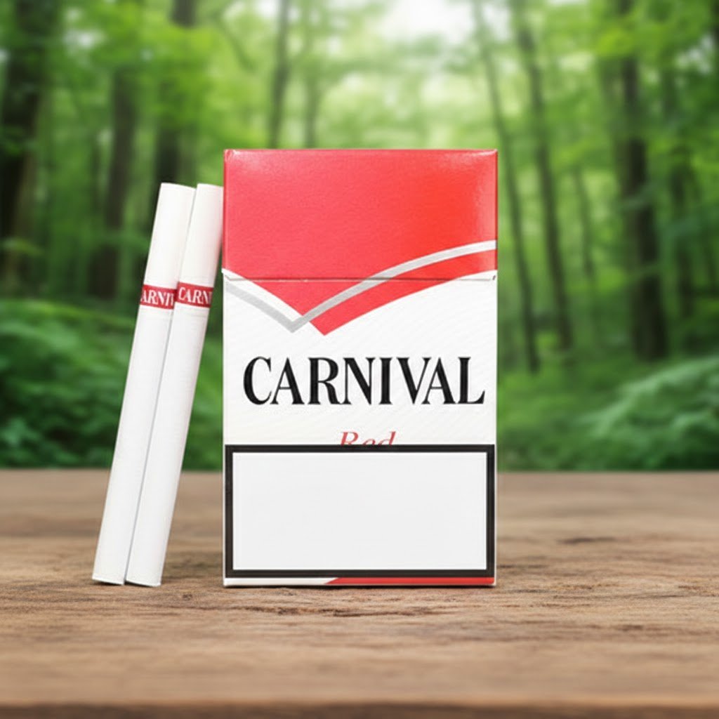 ซองบุหรี่ Carnival Red สีแดงสลับขาว วางบนโต๊ะไม้ท่ามกลางบรรยากาศป่าธรรมชาติ แสดงมวนบุหรี่สีขาวสองมวนด้านข้าง