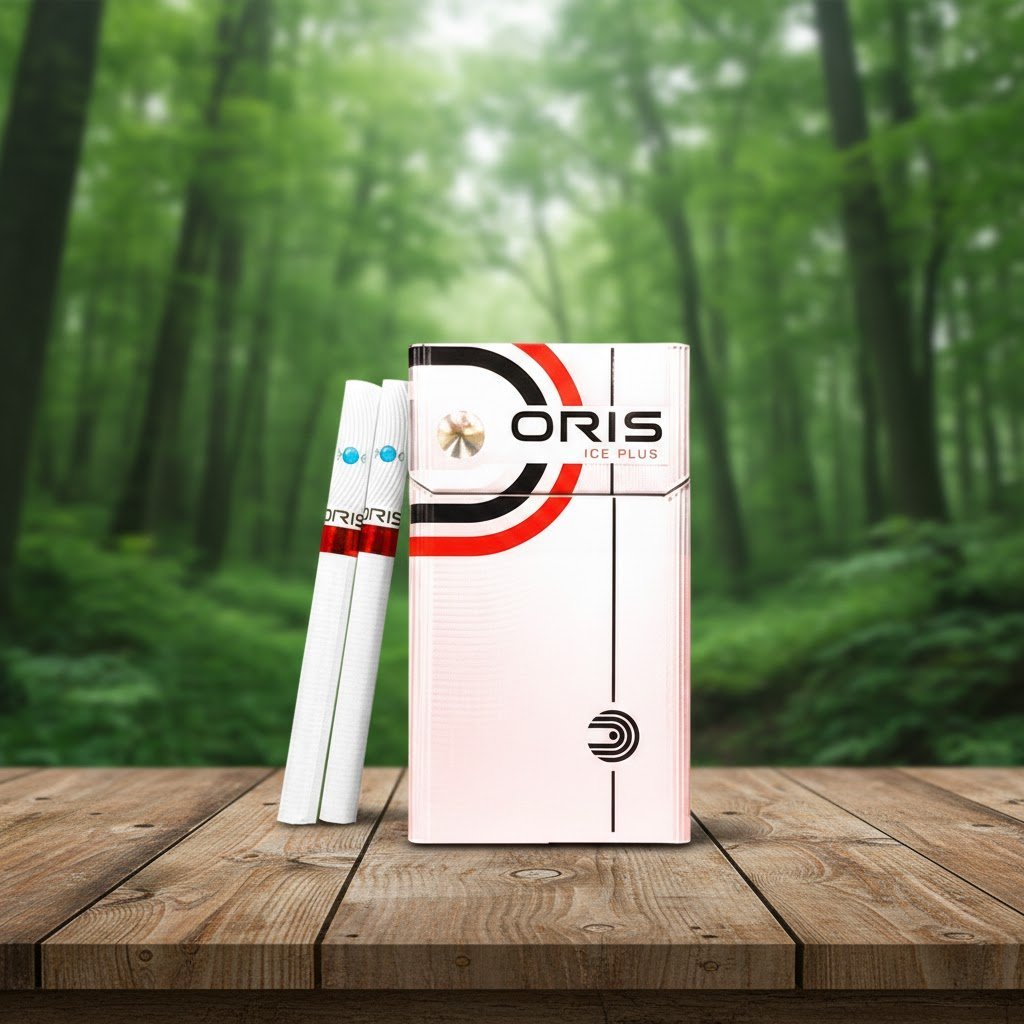 ซองบุหรี่ Oris Intense Ice Plus ดีไซน์สีขาวตัดแถบดำแดง วางบนโต๊ะไม้ในป่าธรรมชาติ พร้อมมวนบุหรี่แสดงสัญลักษณ์เม็ดบีบความเย็น