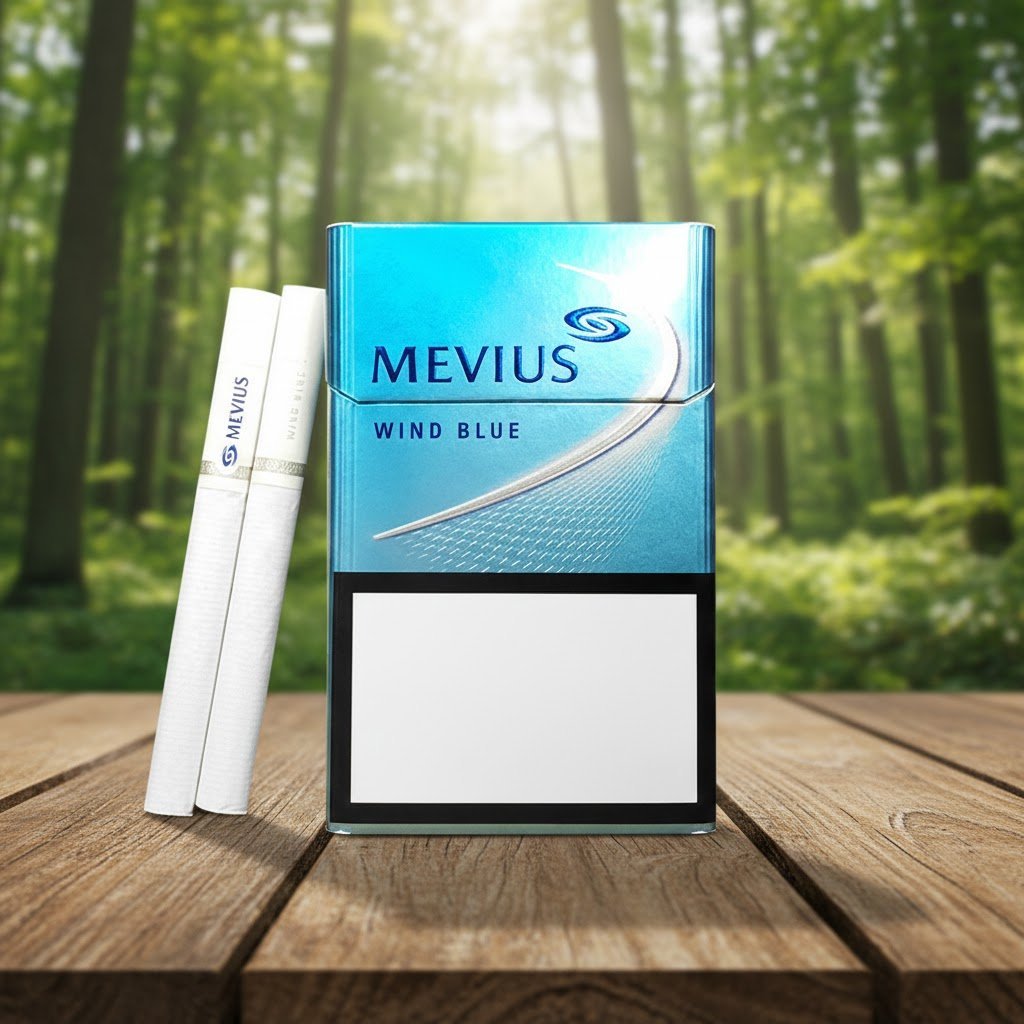 ซองบุหรี่ Mevius Wind Blue สีฟ้าอ่อนดีไซน์ทันสมัย วางบนโต๊ะไม้กลางป่าไม้ธรรมชาติ พร้อมมวนบุหรี่สีขาวสะอาดตา