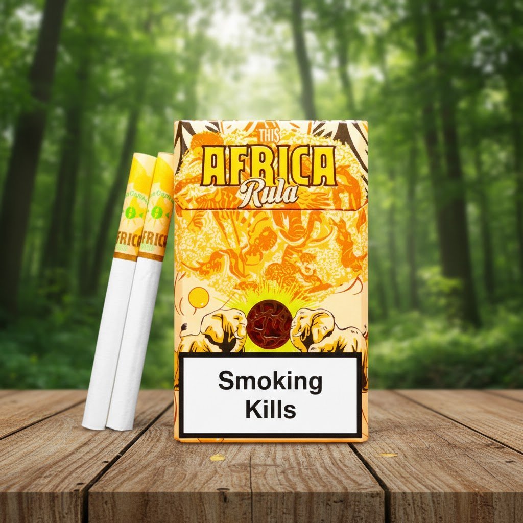 บุหรี่ THIS Africa Rula ซองสีเหลืองลายช้างและยีราฟ รสกล้วยหอมคาราเมล พร้อมมวนบุหรี่วางบนโต๊ะไม้ฉากหลังป่า