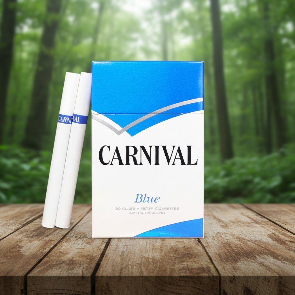 บุหรี่ Carnival Blue ซองสีขาวตัดแถบสีฟ้าและสีเงิน มวนสีขาวก้นกรองสีขาว วางบนโต๊ะไม้ฉากหลังป่าธรรมชาติ