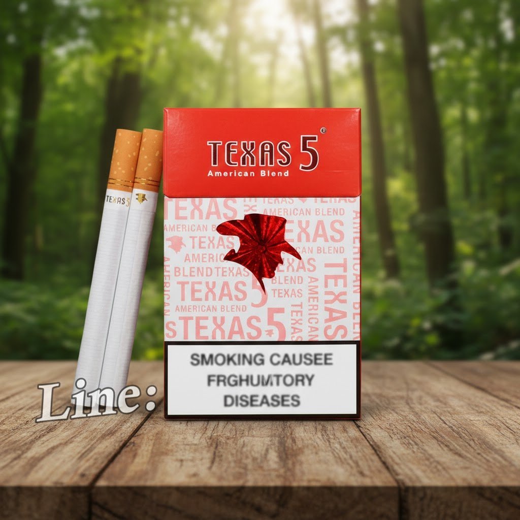 บุหรี่ Texas 5 Red ซองสีแดงลายกราฟิกตัวอักษรสีขาว มวนขนาดมาตรฐานก้นกรองสีส้ม วางบนโต๊ะไม้ฉากหลังป่าธรรมชาติ