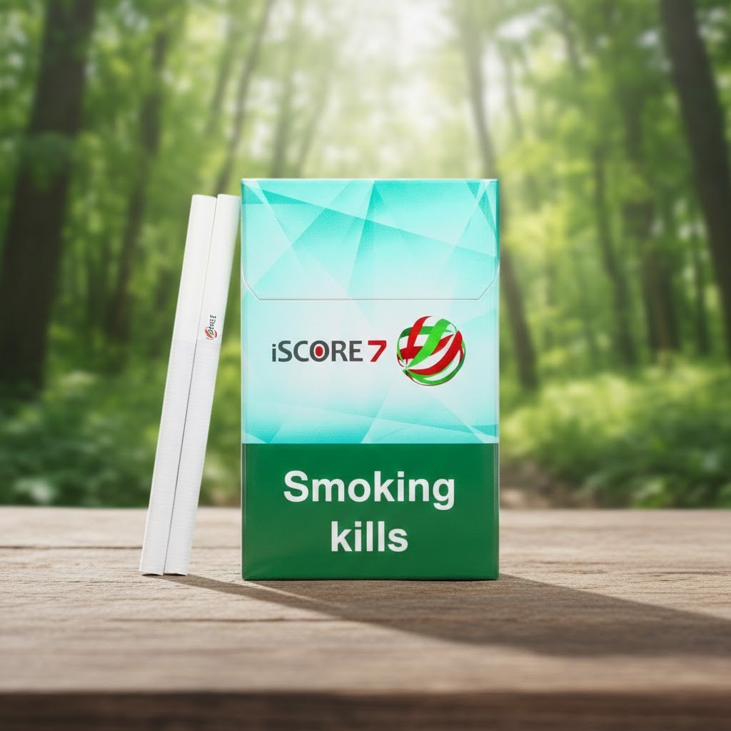 บุหรี่ iSCORE 7 ซองสีเขียวมินต์ลายกราฟิกเรขาคณิต พร้อมมวนสลิมสีขาว วางบนโต๊ะไม้ฉากหลังป่าธรรมชาติ