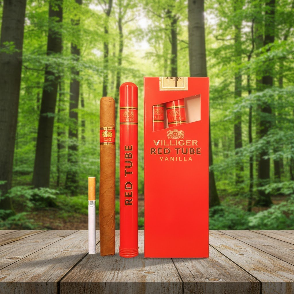ซิการ์ Villiger Red Tube Vanilla ในหลอดอลูมิเนียมสีแดงและซองสีแดงข้างมวนซิการ์ใบยาสูบธรรมชาติ วางบนโต๊ะไม้ฉากหลังป่าสีเขียว