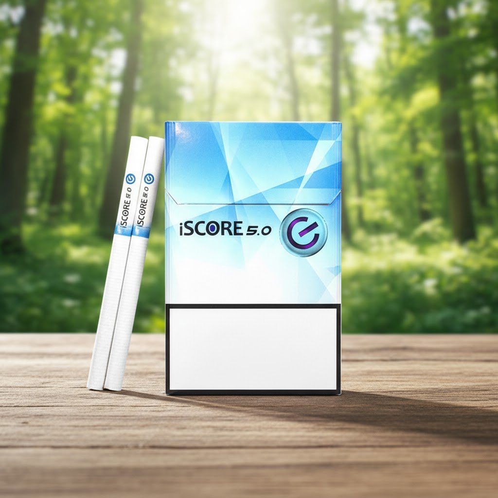 บุหรี่ iSCORE 5.0 ซองแข็งสีฟ้าขาวลายกราฟิกเรขาคณิต วางคู่กับมวนสลิมสีขาวที่มีสัญลักษณ์เม็ดบีบสีน้ำเงินบนโต๊ะไม้ฉากหลังป่าธรรมชาติ