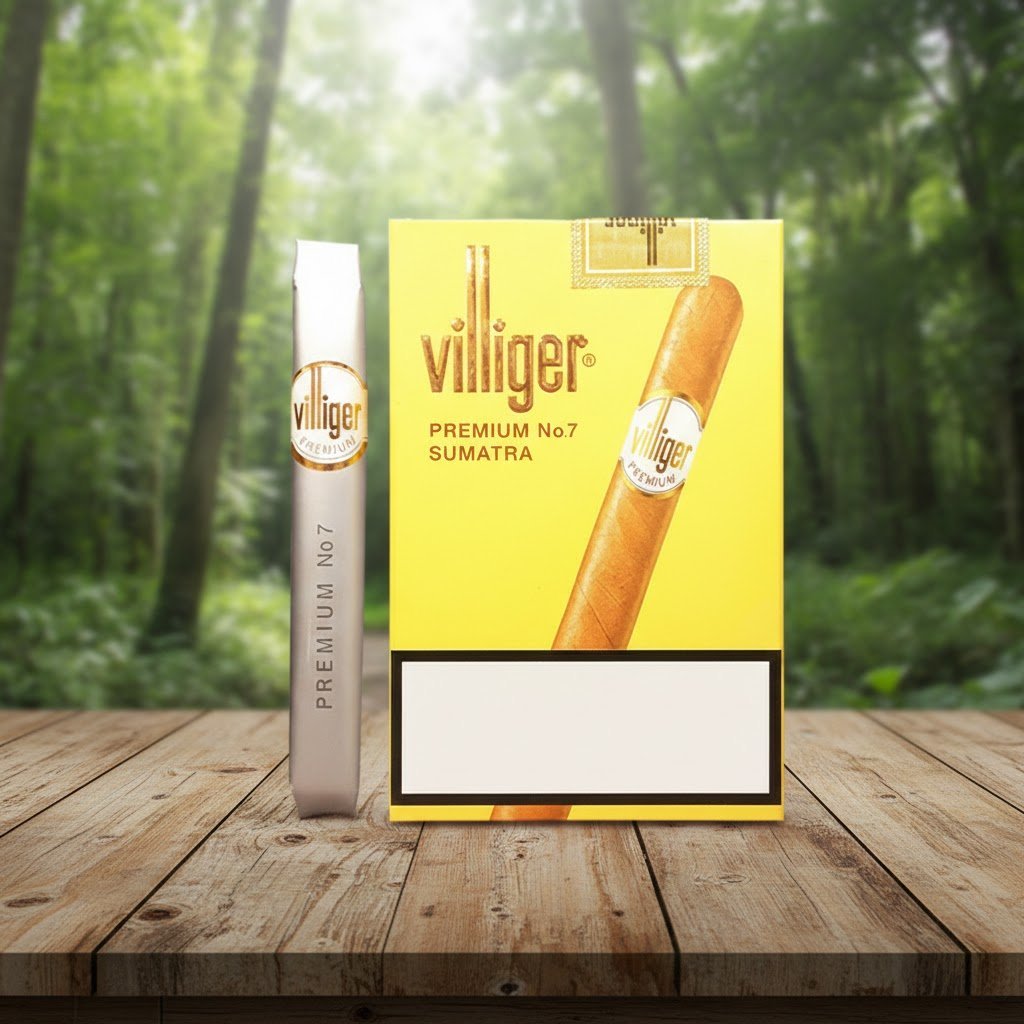 ซิการ์ Villiger Premium No.7 Sumatra กล่องสีเหลืองวางคู่กับมวนซิการ์ในซองฟอยล์สีเงินบนโต๊ะไม้ฉากหลังป่าไม้สีเขียว