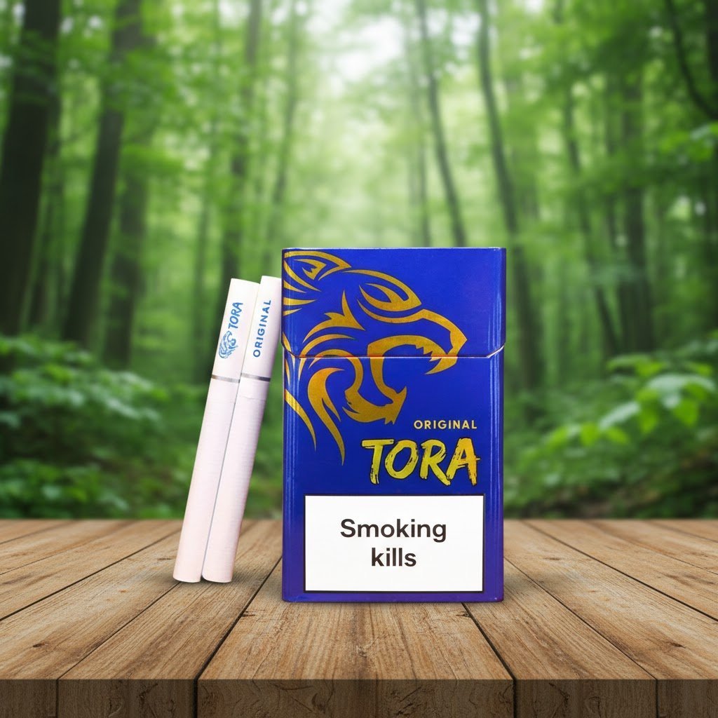 ซองบุหรี่ Tora Original สีน้ำเงินลายเสือสีทอง วางบนโต๊ะไม้ในบรรยากาศป่าธรรมชาติ