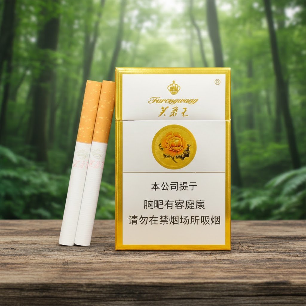 ซองบุหรี่ Furongwang สีทองและขาวดีไซน์คลาสสิก วางบนโต๊ะไม้ท่ามกลางธรรมชาติป่าเขียวขจี