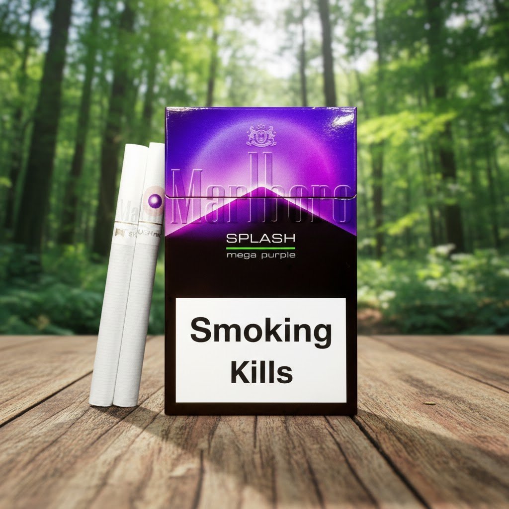 บุหรี่ Marlboro Splash Mega Purple ซองสีม่วงและมวนบุหรี่ วางบนโต๊ะไม้ในสวนป่า
