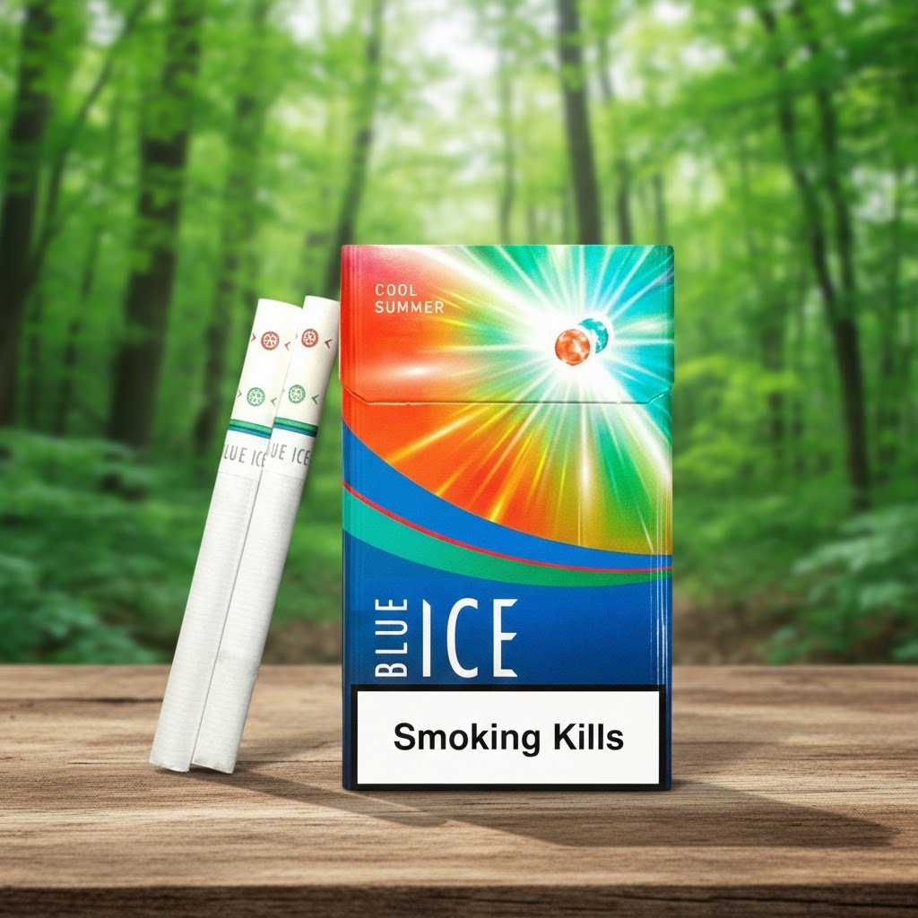 บุหรี่ Blue Ice Double Blast Cool Summer ซองดีไซน์สีสันสดใสพร้อมมวนบุหรี่ วางบนโต๊ะไม้ท่ามกลางบรรยากาศป่าเขียวขจี