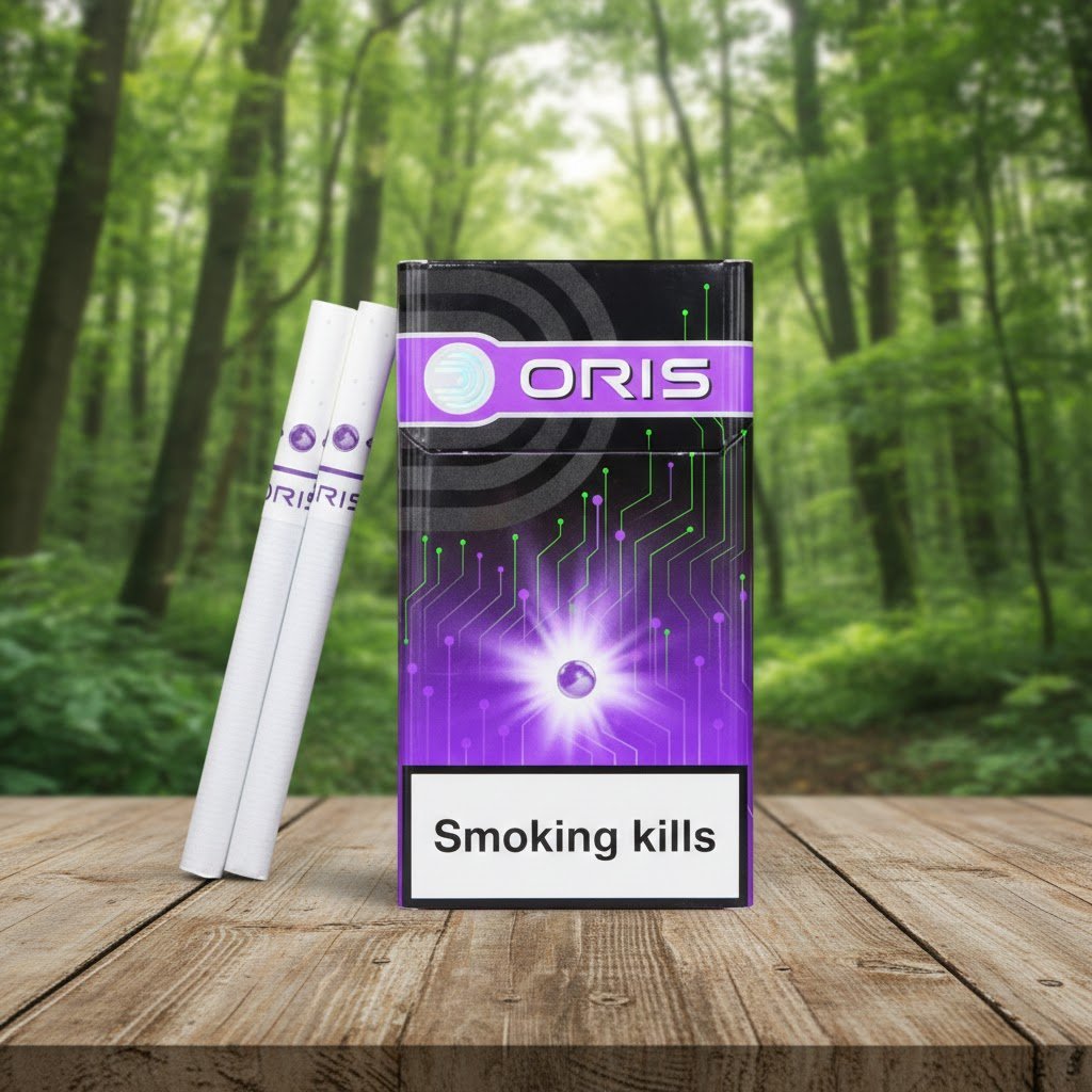 บุหรี่ Oris Intense Purple Fizz ซองสีม่วงดำดีไซน์ล้ำสมัย พร้อมมวนบุหรี่ วางบนโต๊ะไม้ในบรรยากาศป่าเขียวขจี