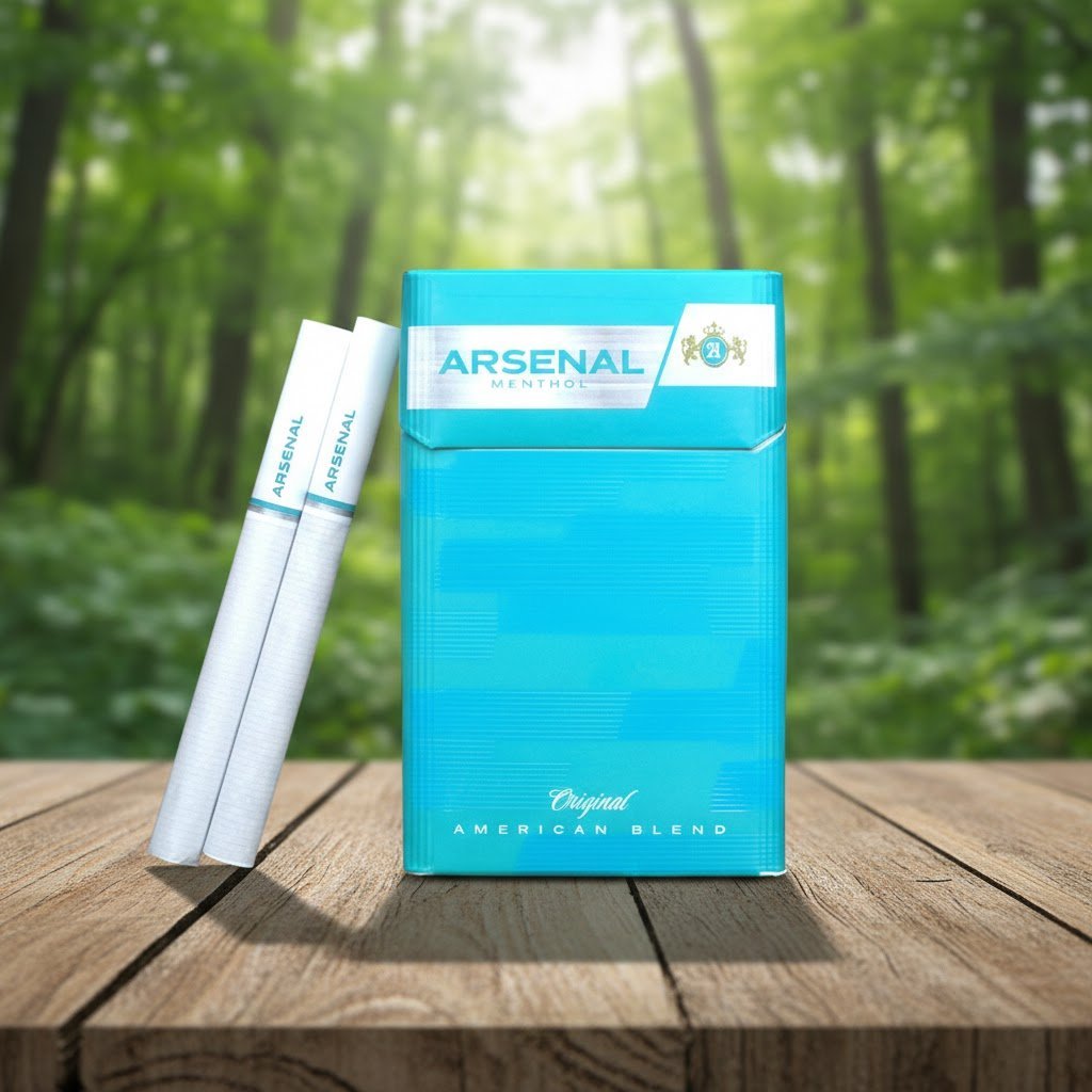 บุหรี่ Arsenal Green Menthol ซองสีฟ้าสดใสพร้อมมวนบุหรี่ วางบนโต๊ะไม้ในบรรยากาศป่าธรรมชาติ