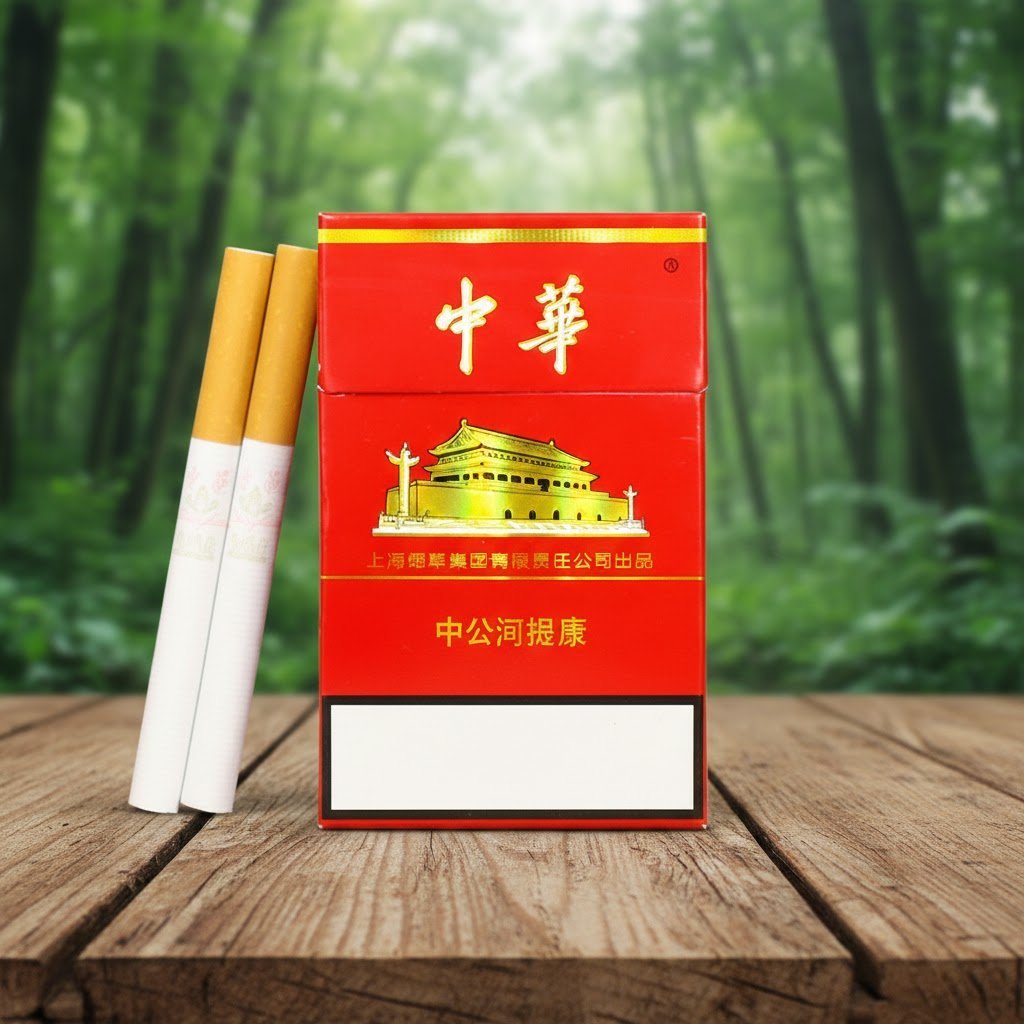 บุหรี่ Chunghwa ซองแข็งสีแดงขอบทอง ดีไซน์คลาสสิก วางบนโต๊ะไม้พร้อมมวนบุหรี่ในบรรยากาศธรรมชาติ