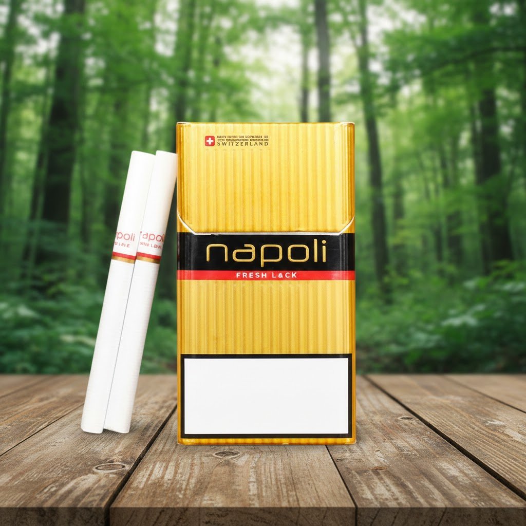 ซองบุหรี่ Napoli Gold สีทองและมวนบุหรี่ วางบนโต๊ะไม้ฉากหลังพื้นหลังป่าสีเขียว