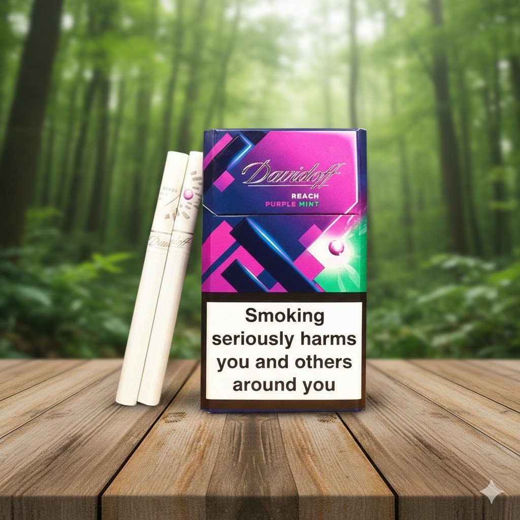 บุหรี่ Davidoff Reach Purple Mint ซองสีม่วงดีไซน์ทันสมัย พร้อมมวนบุหรี่แบบ 2 เม็ดบีบ วางบนโต๊ะไม้ฉากหลังป่า