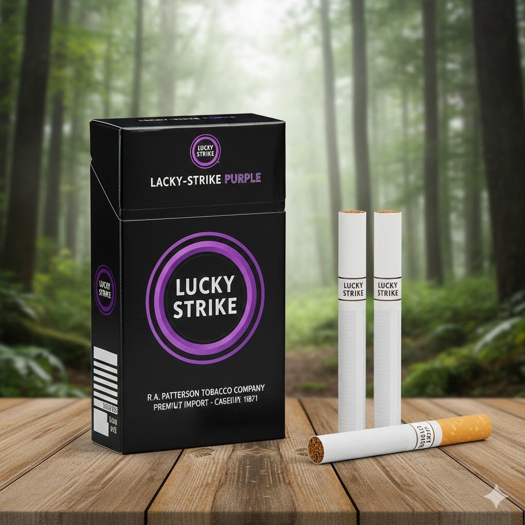 บุหรี่ Lucky Strike Purple ซองสีดำวงกลมม่วง พร้อมมวนบุหรี่เม็ดบีบวางบนโต๊ะไม้ฉากหลังป่าสีเขียว