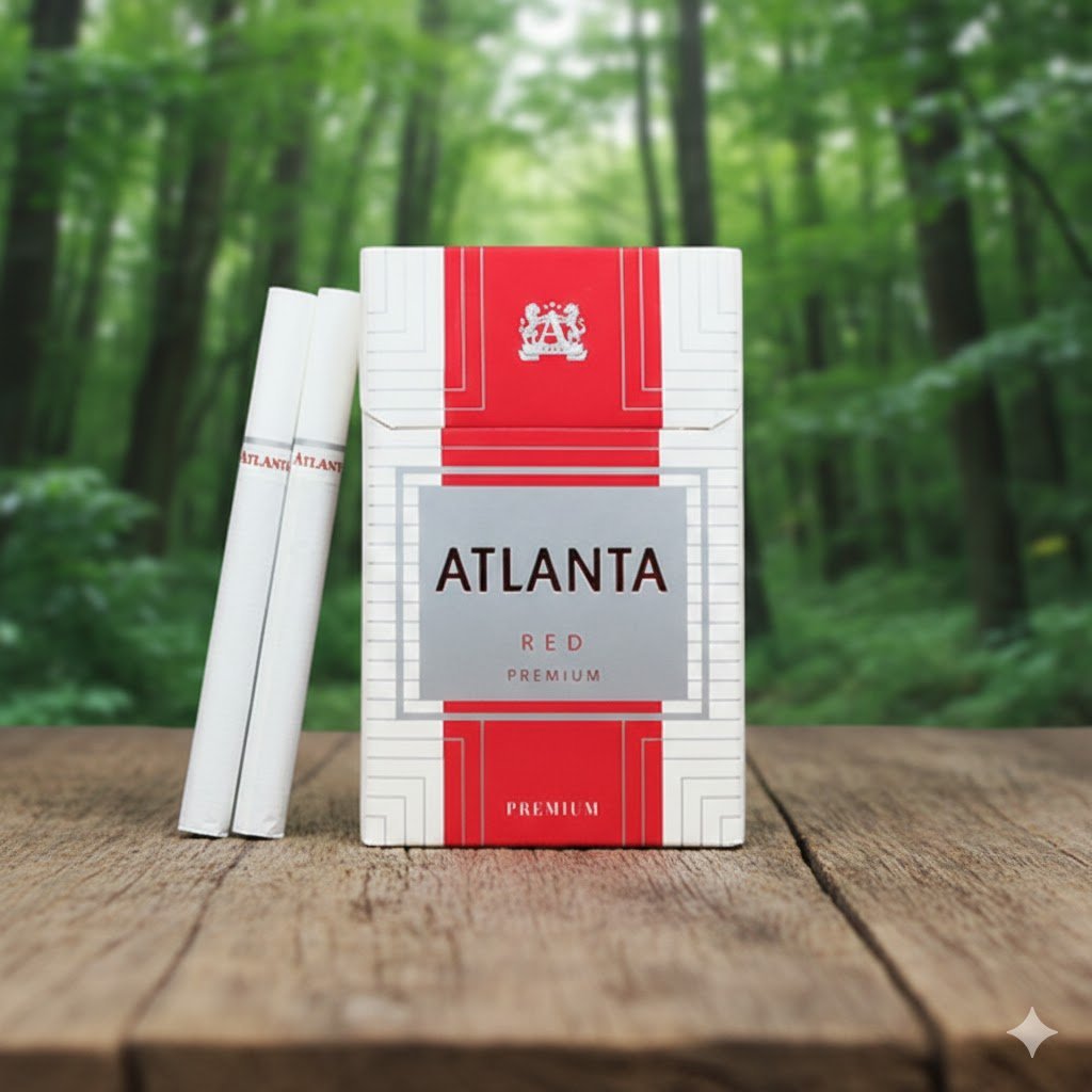 บุหรี่ Atlanta Red Premium ซองสีขาวแดง แถบเงินหรูหรา วางบนโต๊ะไม้ฉากหลังป่าสีเขียว