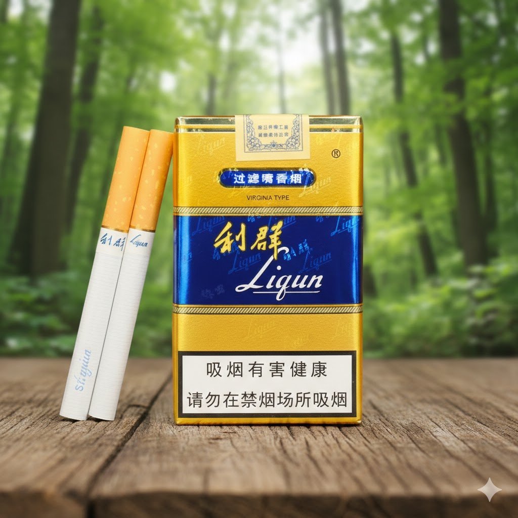 บุหรี่ Liqun Gold ซองสีทองแถบน้ำเงิน มวนก้นกรองสีส้มลายจุดทอง วางบนโต๊ะไม้ฉากหลังสวนสีเขียว