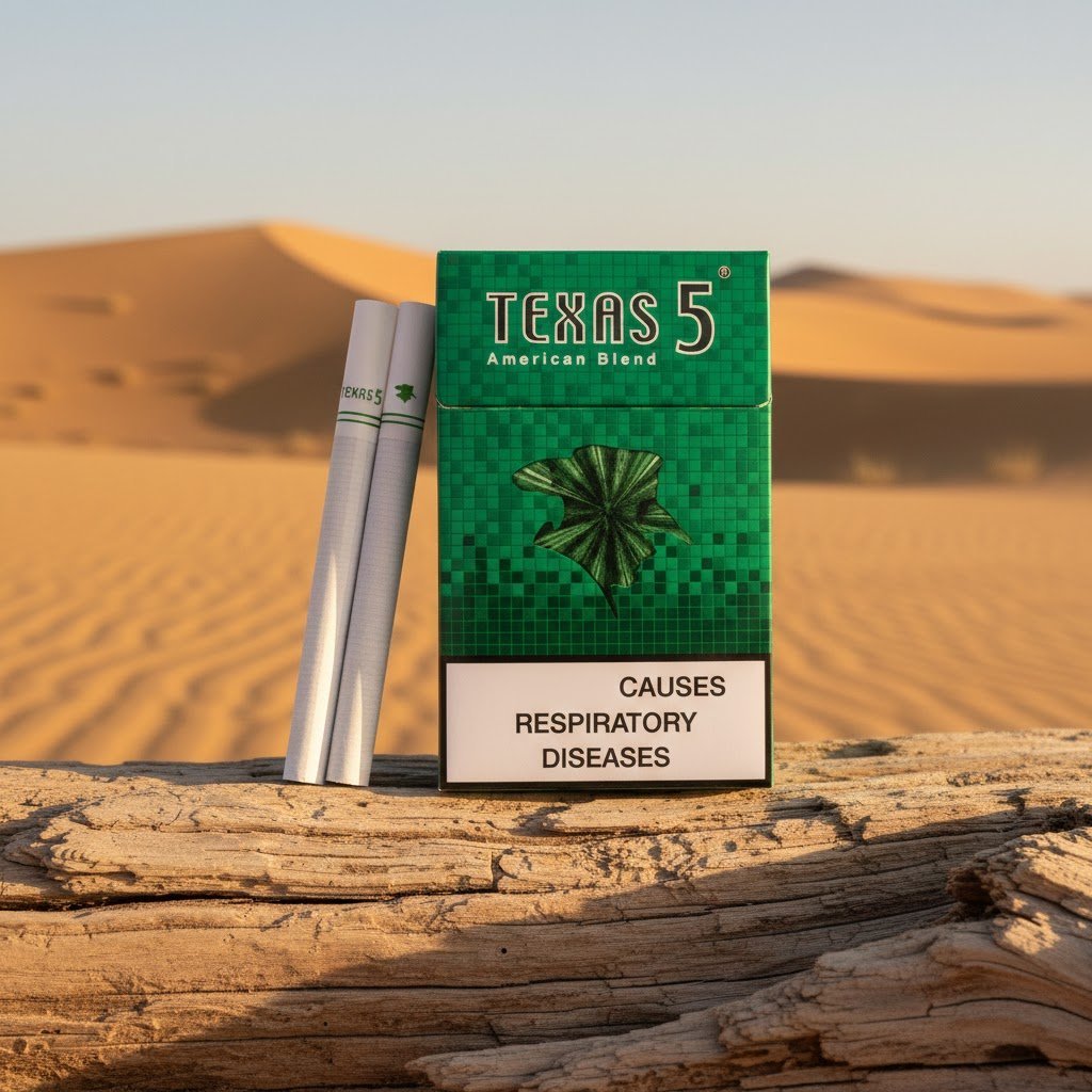 ซองบุหรี่ Texas 5 Green Menthol วางบนขอนไม้ท่ามกลางทะเลทราย สีเขียวพรีเมียม รสเย็นเมนทอล