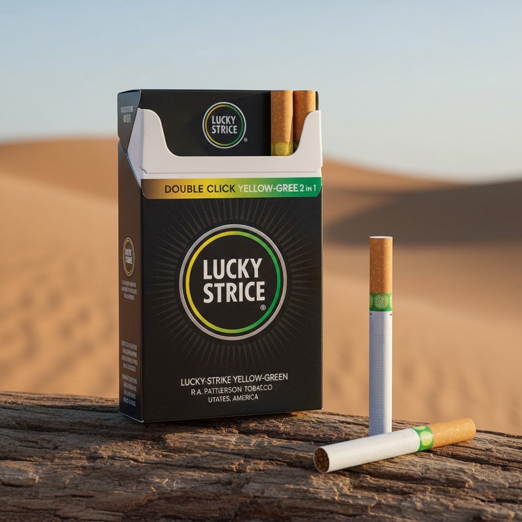 ซองบุหรี่ Lucky Strike Double Click Yellow-Green สีดำดีไซน์ทันสมัย วางบนขอนไม้ในทะเลทราย พร้อมมวนบุหรี่แสดงตำแหน่งเม็ดบีบ 2 จุด