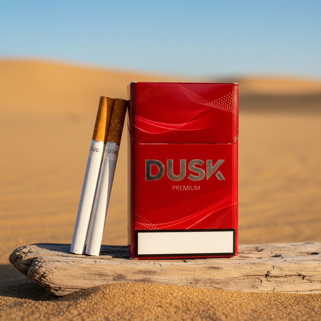 บุหรี่ Dusk Premium ซองสีแดงพรีเมี่ยมวางบนขอนไม้แห้งในทะเลทราย พร้อมมวนบุหรี่หัวกรองสีน้ำตาล 2 มวน