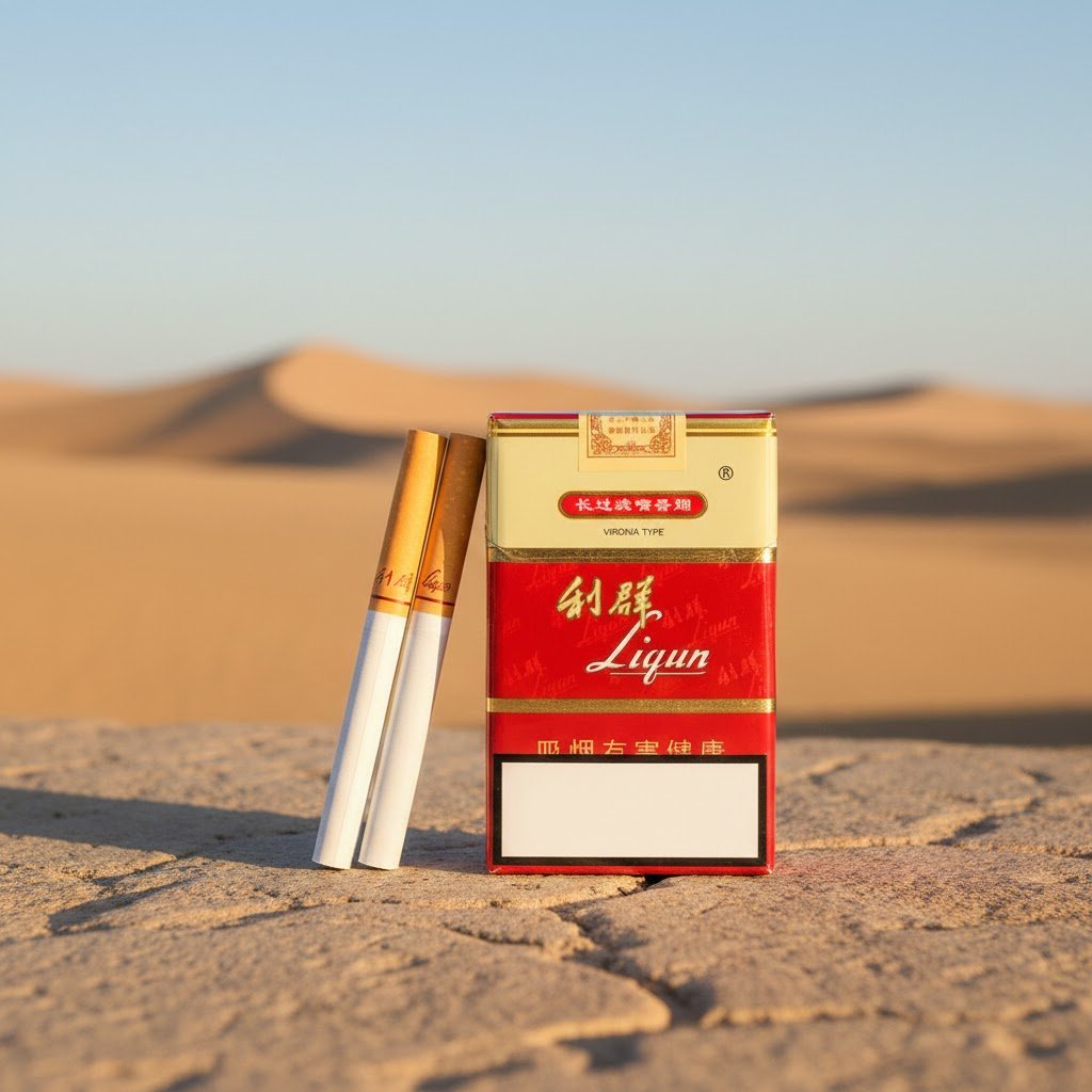 บุหรี่ Liqun Red Soft แบบซองอ่อน วางบนพื้นหินท่ามกลางทะเลทรายสีทอง พร้อมมวนบุหรี่ 2 มวน