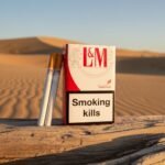 บุหรี่ L&M Red Fine Cut ซองแข็งสีแดงขาว วางบนขอนไม้ท่ามกลางทิวทัศน์ทะเลทรายสีทอง