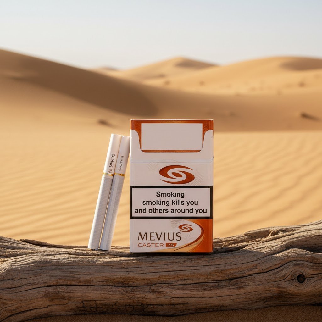 บุหรี่ Mevius Caster LSS ของแท้จากญี่ปุ่น กลิ่นวานิลลา วางบนขอนไม้ท่ามกลางเนินทรายสีทอง