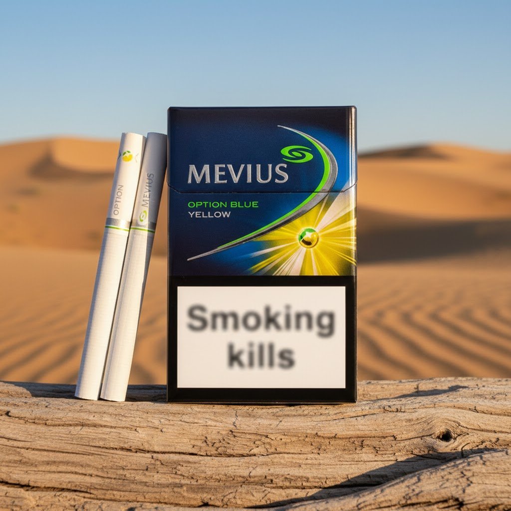 ซองบุหรี่ Mevius Option Blue Yellow สีน้ำเงินเหลือง วางบนท่อนไม้แห้ง ฉากหลังเป็นทะเลทรายสีทองและท้องฟ้าสดใส