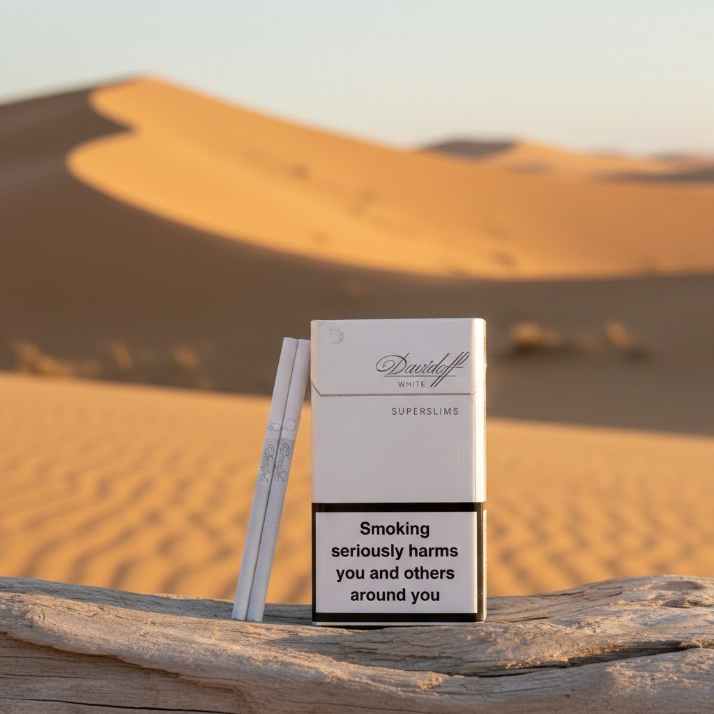 ซองบุหรี่ Davidoff White Super Slims สีขาวมุก ดีไซน์เรียบหรู วางเด่นบนขอนไม้กลางทะเลทราย
