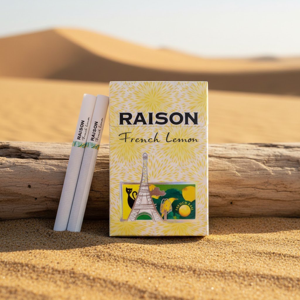 ซองบุหรี่ Raison French Lemon วางบนขอนไม้กลางทะเลทราย ดีไซน์ซองสีเหลืองลายหอไอเฟล