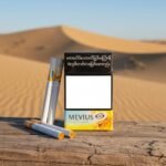 ซองบุหรี่ Mevius Long Island สีดำคาดเหลืองทอง วางบนขอนไม้ท่ามกลางทะเลทราย แสงแดดสีทอง