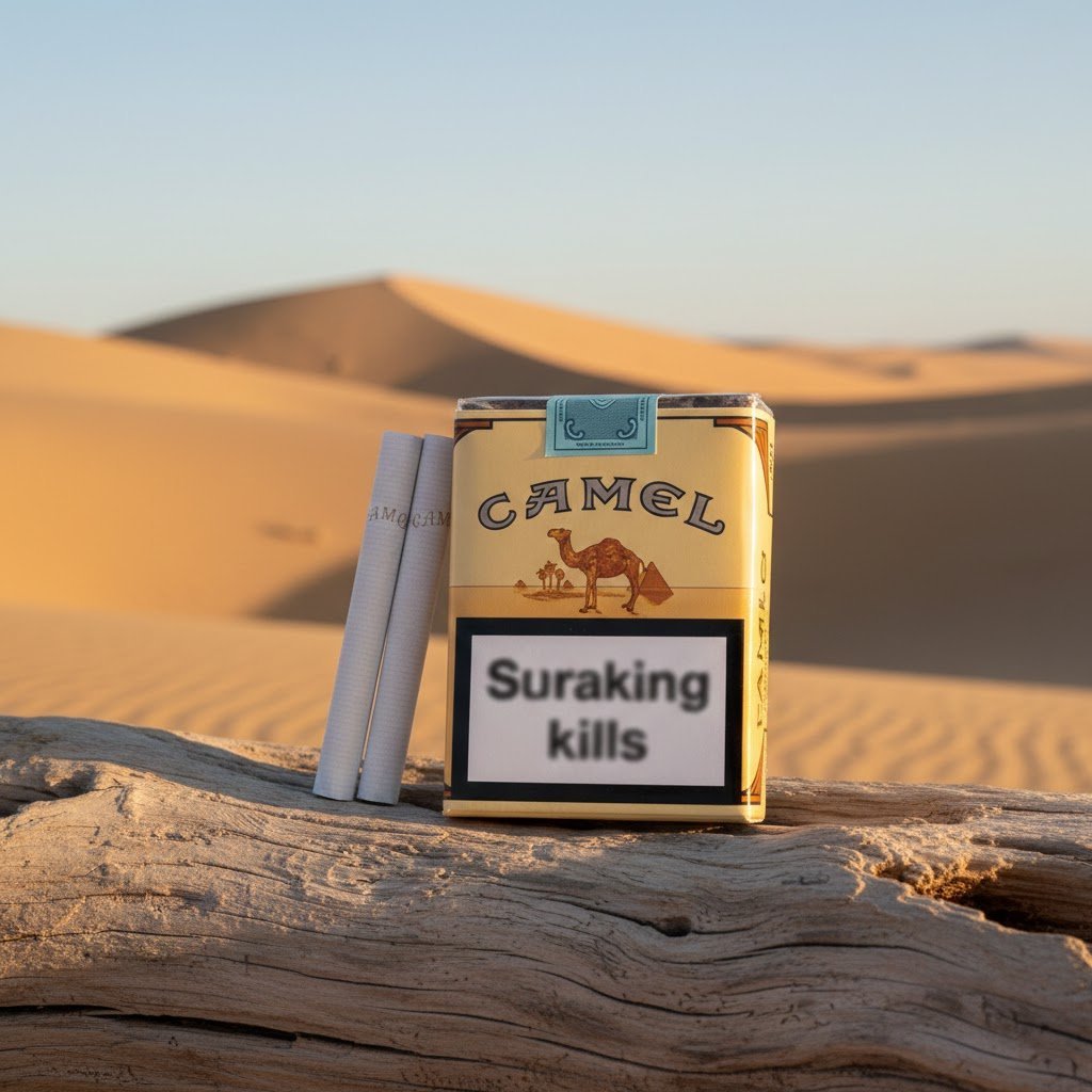 ซองบุหรี่ Camel Non-Filter สีเหลืองคลาสสิก วางบนขอนไม้กลางทะเลทราย แสงแดดสีทอง