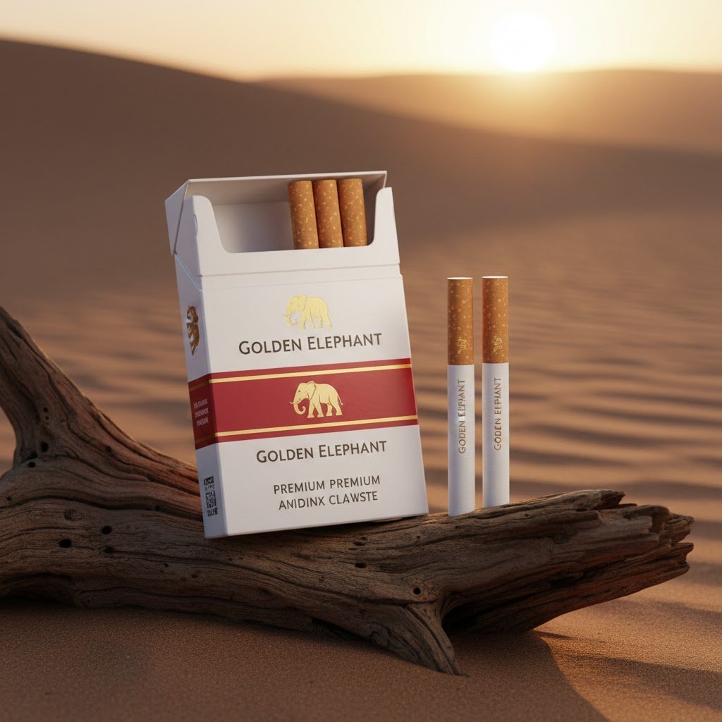 ซองบุหรี่ Golden Elephant สีขาวแถบแดง พร้อมมวนบุหรี่ วางบนขอนไม้เก่าท่ามกลางบรรยากาศพระอาทิตย์ตกในทะเลทราย