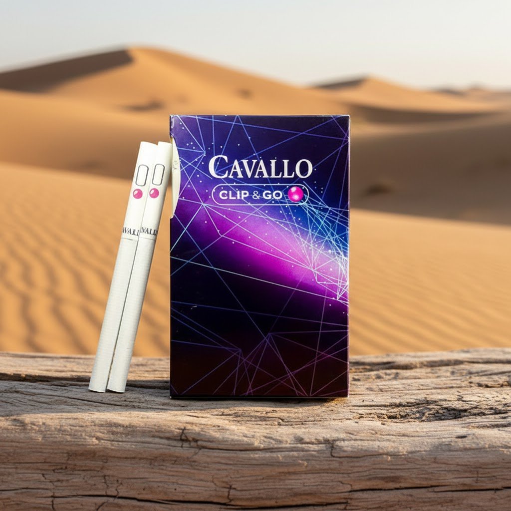 ซองบุหรี่ Cavallo Clip & Go สีม่วงลายกราฟิกทันสมัย วางบนขอนไม้ในทะเลทราย
