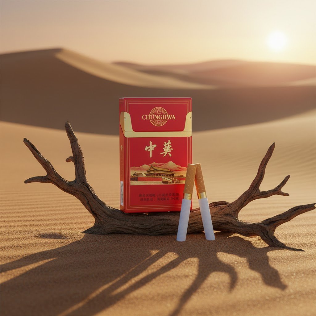 ซองบุหรี่ Chunghwa สีแดงสุดหรูและมวนบุหรี่ วางบนกิ่งไม้แห้งในทะเลทรายช่วงเวลาพระอาทิตย์ตก